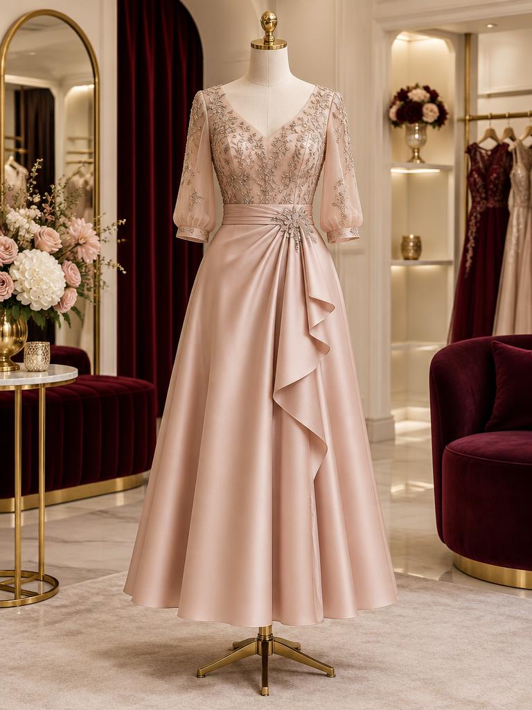Rochie elegantă roz pudrat pentru nuntă și botez